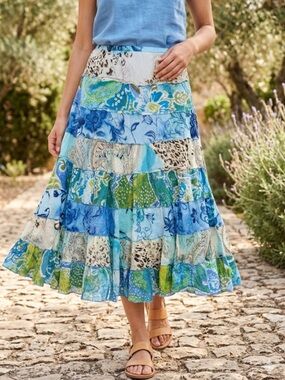 Bila Blue & Green Patchwork Tiered  Cotton Skirt Size M